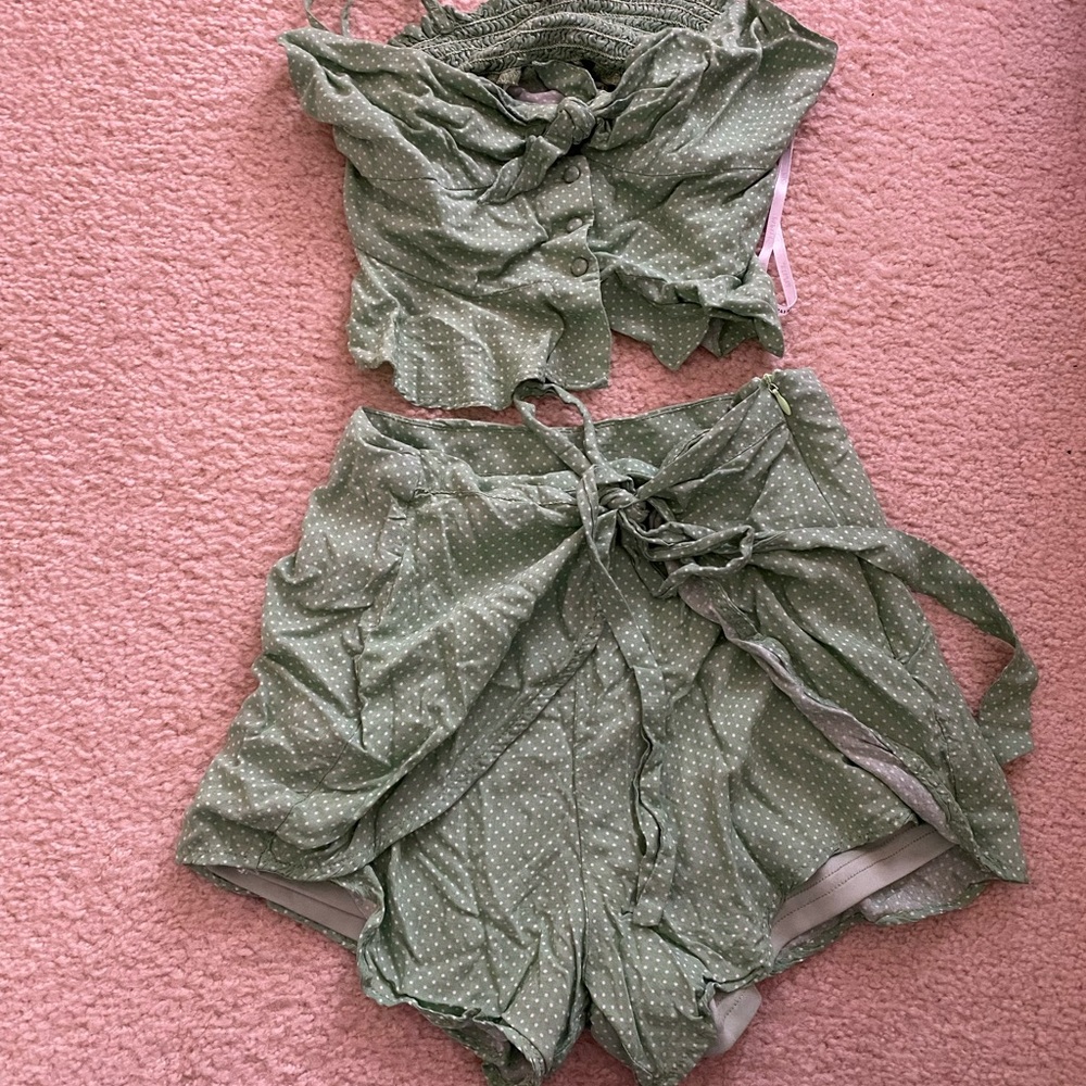 Green Polka-Dotted Crop Top and Shorts Set